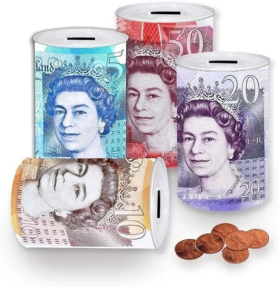 Money Box Tin Pound Sterling Note Design Kids Saving Cash Piggy Bank Coin Tin