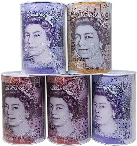 Money Box Tin Pound Sterling Note Design Kids Saving Cash Piggy Bank Coin Tin