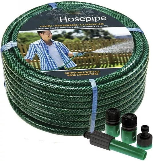 15m, 30m, 50m Reinforced Garden Hose Pipe with Spray Nozzle Fittings PVC Braided