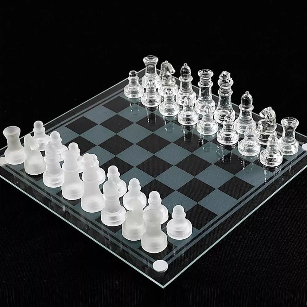 Glass Chess Board Game Set with Padded Bottom Frosted and Clear Glass Chess Set