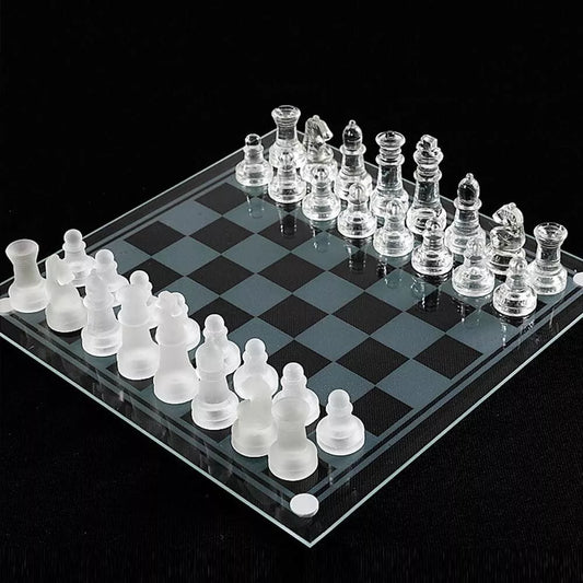 Glass Chess Board Game Set with Padded Bottom Frosted and Clear Glass Chess Set