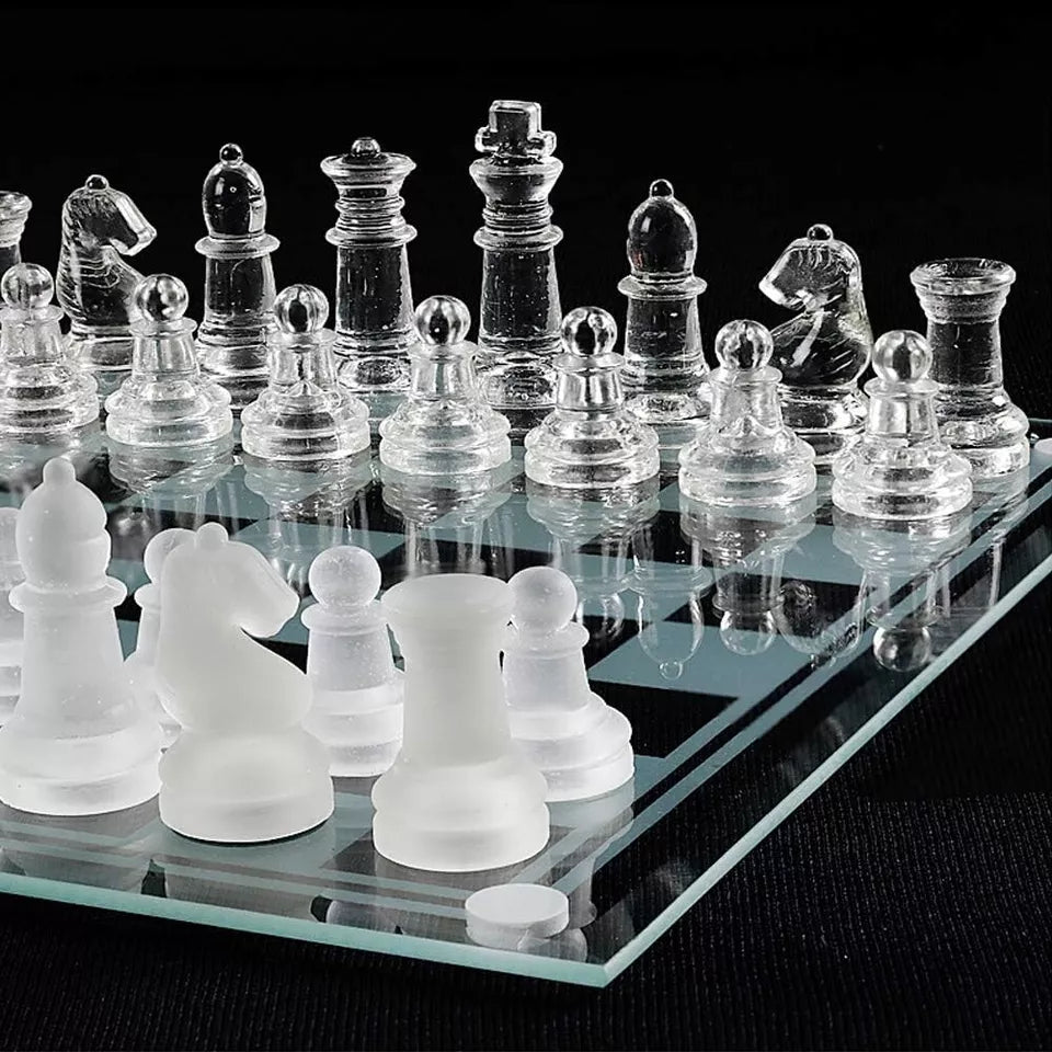 Glass Chess Board Game Set with Padded Bottom Frosted and Clear Glass Chess Set