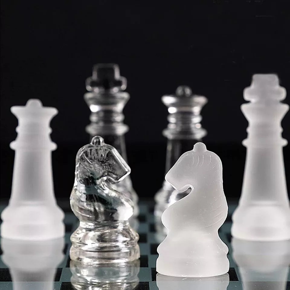 Glass Chess Board Game Set with Padded Bottom Frosted and Clear Glass Chess Set