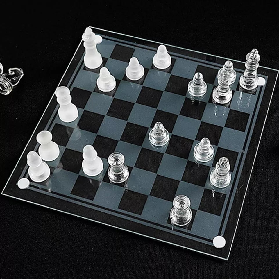 Glass Chess Board Game Set with Padded Bottom Frosted and Clear Glass Chess Set