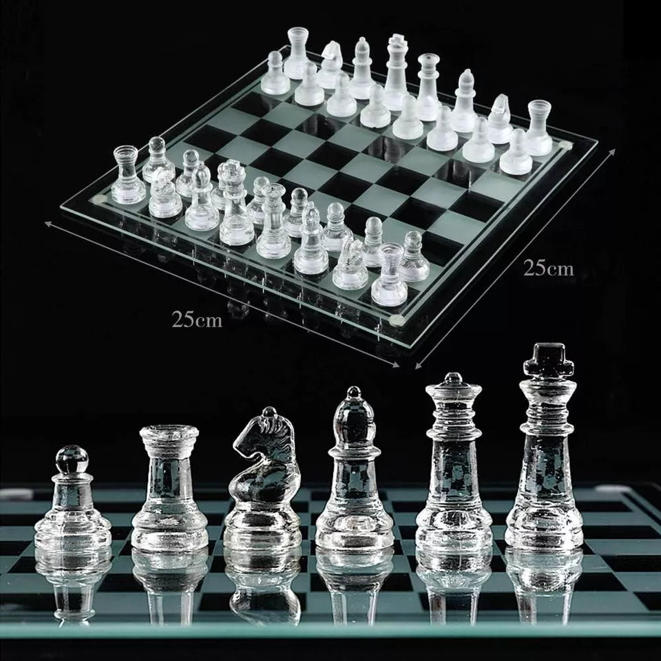 Glass Chess Board Game Set with Padded Bottom Frosted and Clear Glass Chess Set