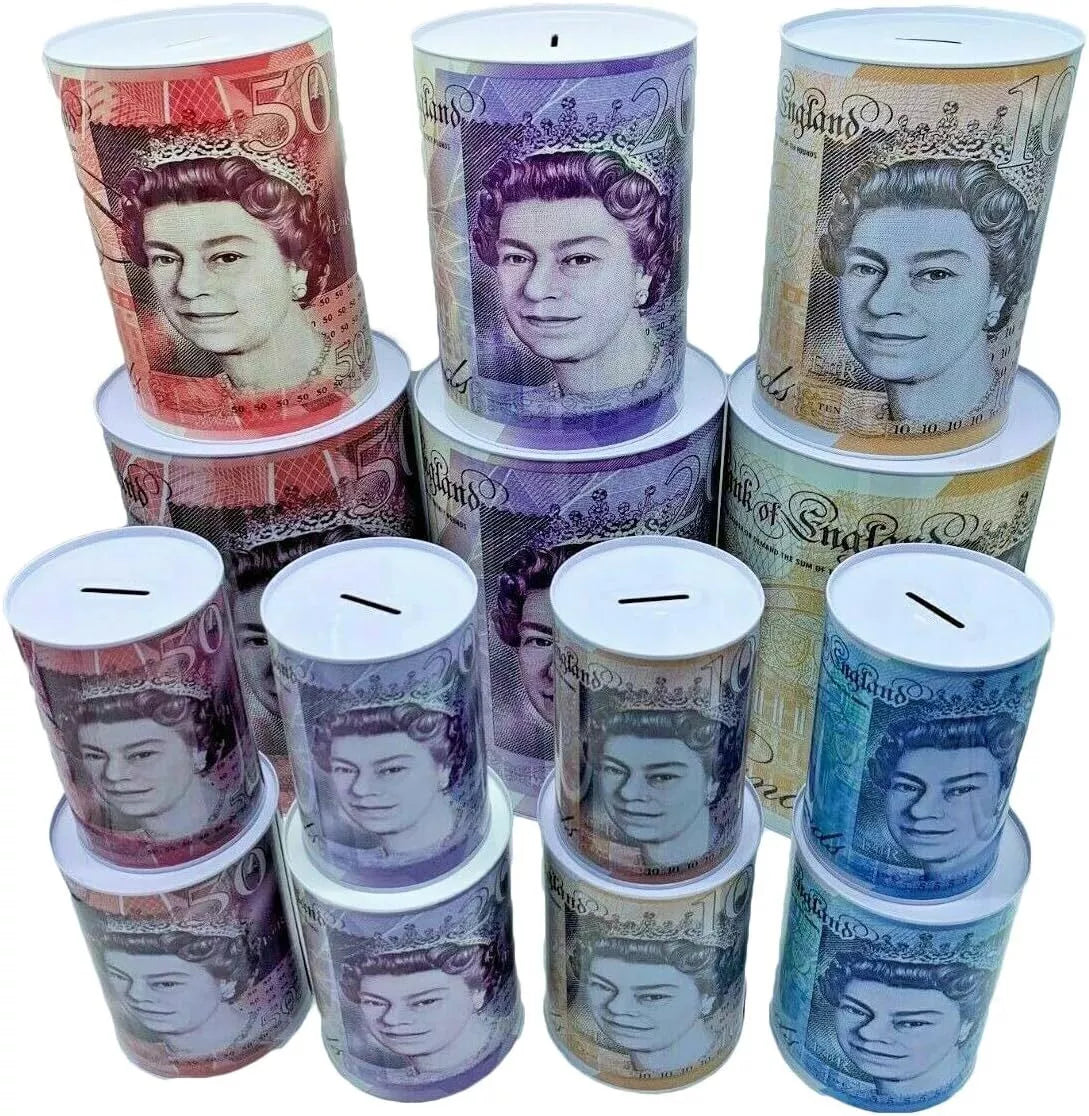 Money Box Tin Pound Sterling Note Design Kids Saving Cash Piggy Bank Coin Tin