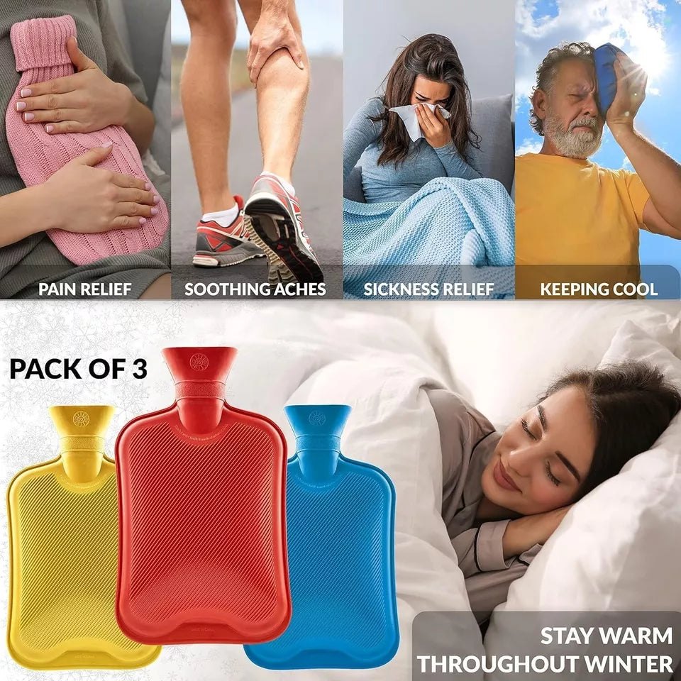 3 Pack Hot Water Bottles | Large 2L | Neck Pain Relief & Warmth